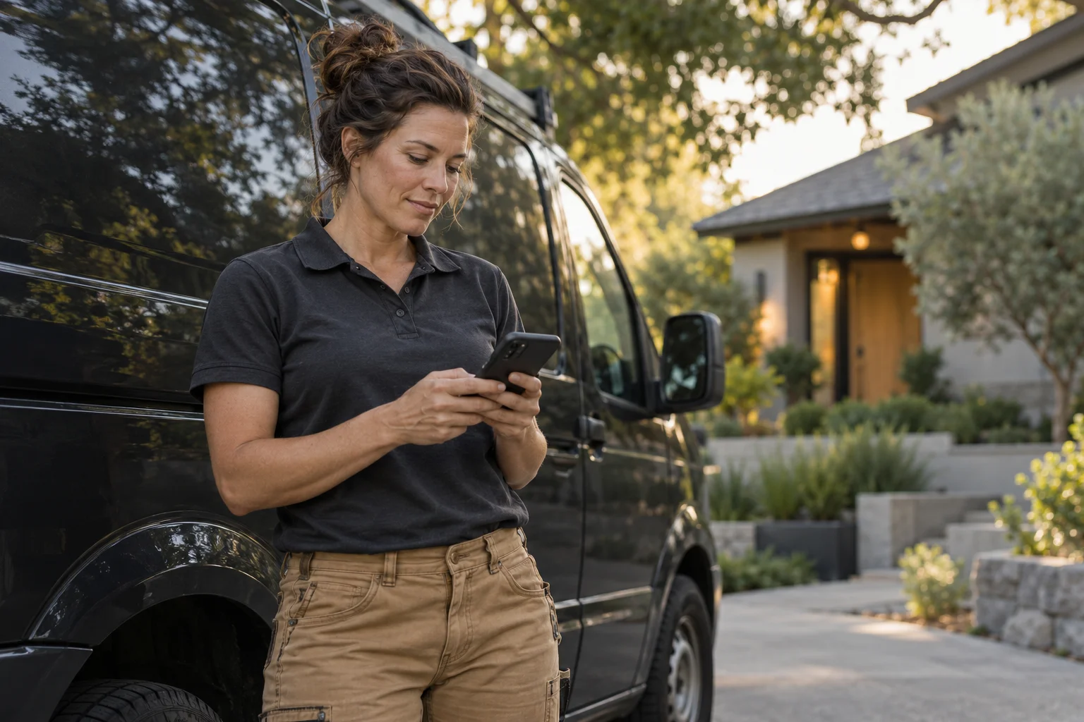 Contractor checking a smartphone beside a work van