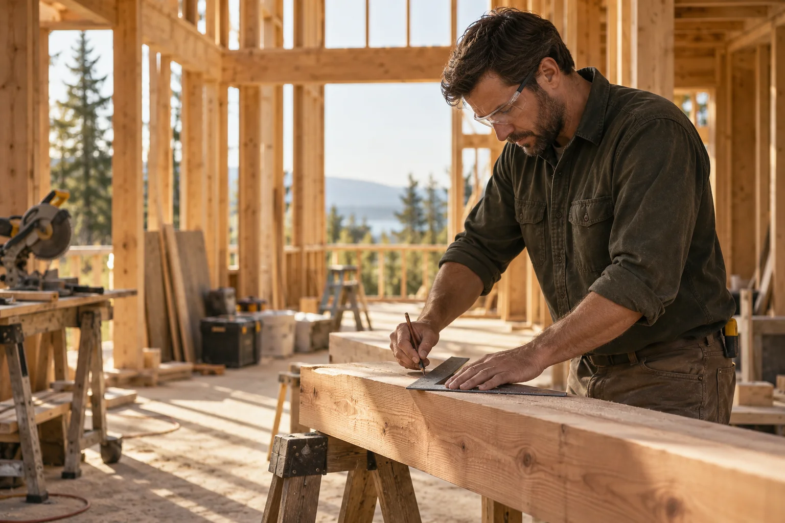 Carpenter measuring a piece of timber at a residential jobsite